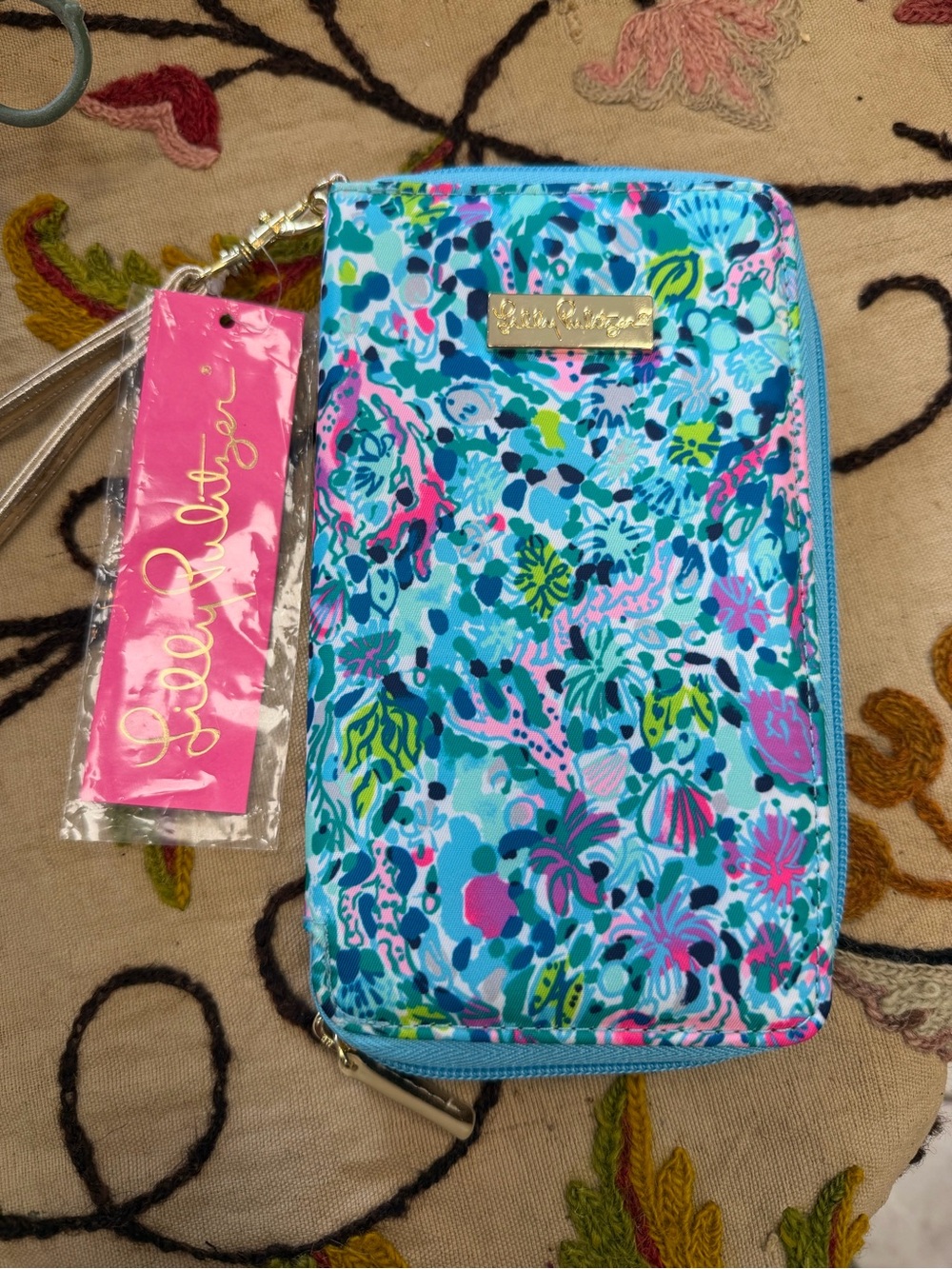 Lilly Pulitzer Aqua Floral Zip Wristlet with Pink Accents
